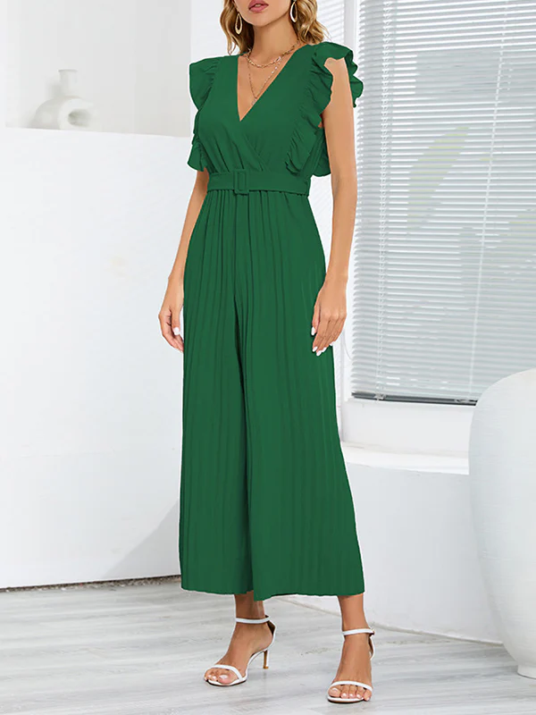 High Waisted Loose Belted Pleated Ruffled Solid Color V-Neck Jumpsuits - Image 9