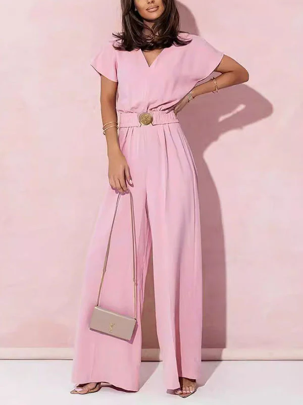 High Waisted Loose Belted Pleated V-Neck Jumpsuits