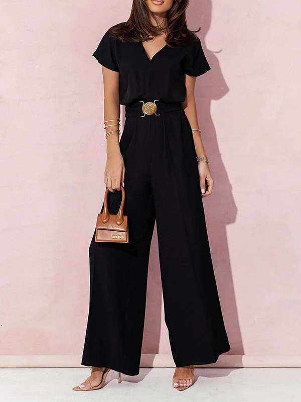 High Waisted Loose Belted Pleated V-Neck Jumpsuits - Image 2