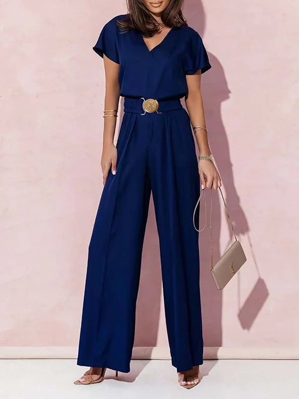 High Waisted Loose Belted Pleated V-Neck Jumpsuits - Image 3
