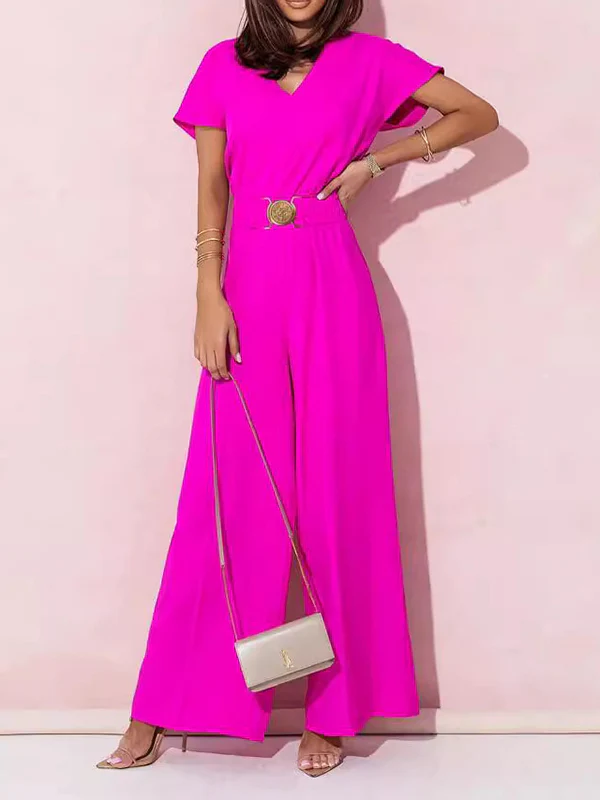 High Waisted Loose Belted Pleated V-Neck Jumpsuits - Image 4