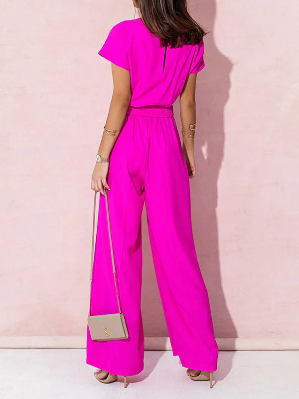 High Waisted Loose Belted Pleated V-Neck Jumpsuits - Image 5