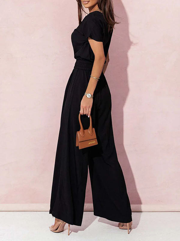 High Waisted Loose Belted Pleated V-Neck Jumpsuits - Image 6
