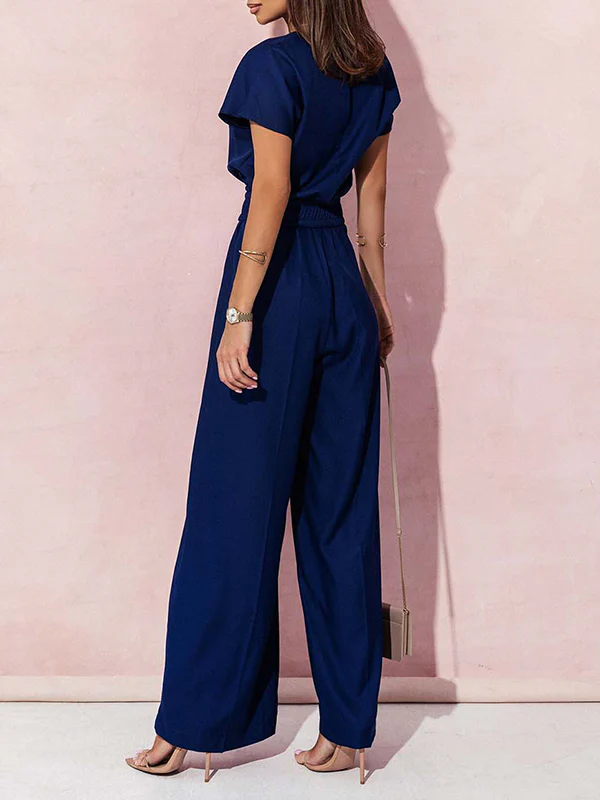 High Waisted Loose Belted Pleated V-Neck Jumpsuits - Image 7