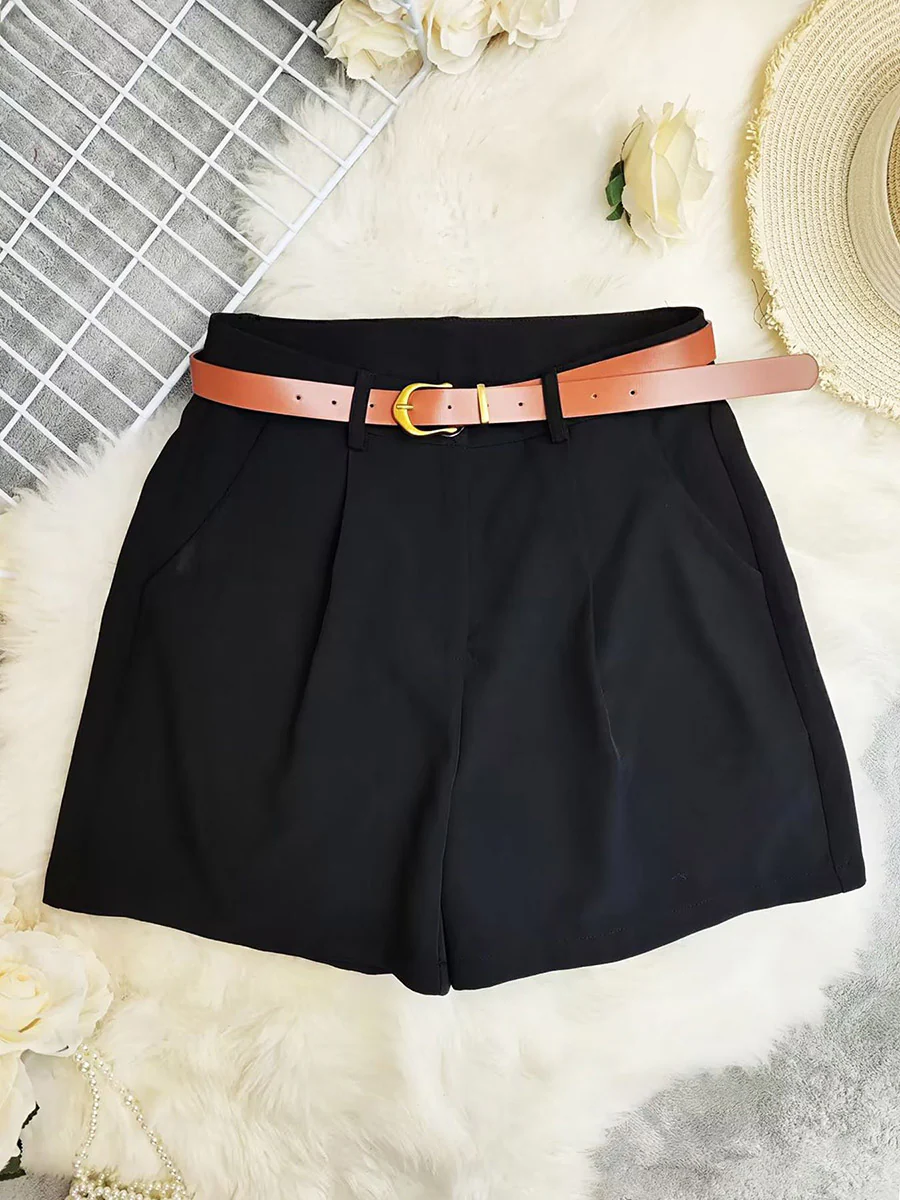 High Waisted Loose Belted Solid Color Shorts Suit Pants - Image 7
