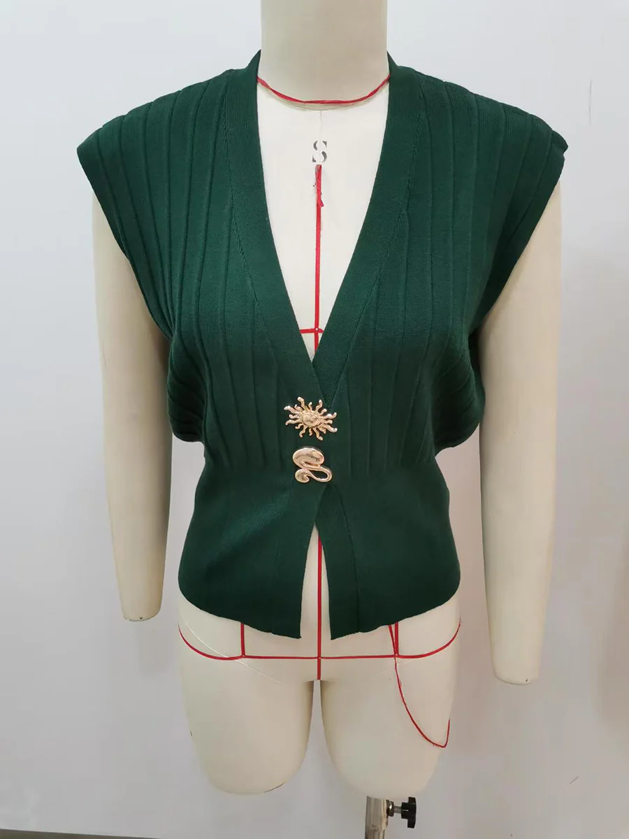 High Waisted Loose Buckle Ribbed Knit Solid Color Split-Joint Split-Side V-Neck Vest Top - Image 2