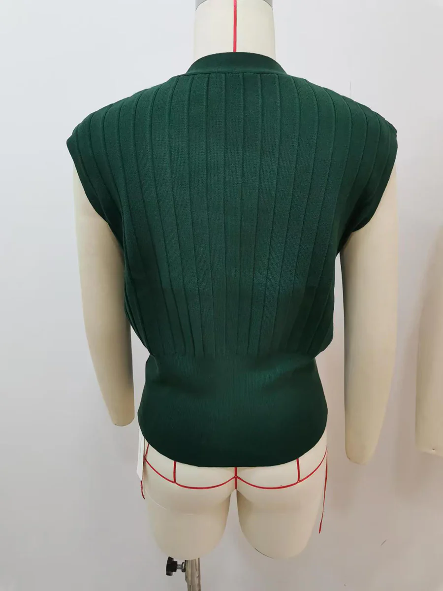 High Waisted Loose Buckle Ribbed Knit Solid Color Split-Joint Split-Side V-Neck Vest Top - Image 3