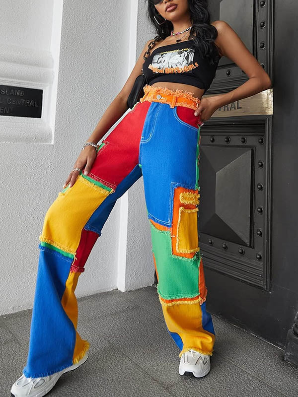 High Waisted Loose Buttoned Contrast Color Fringed Split-Joint Jean Pants Bottoms Trousers - Image 3