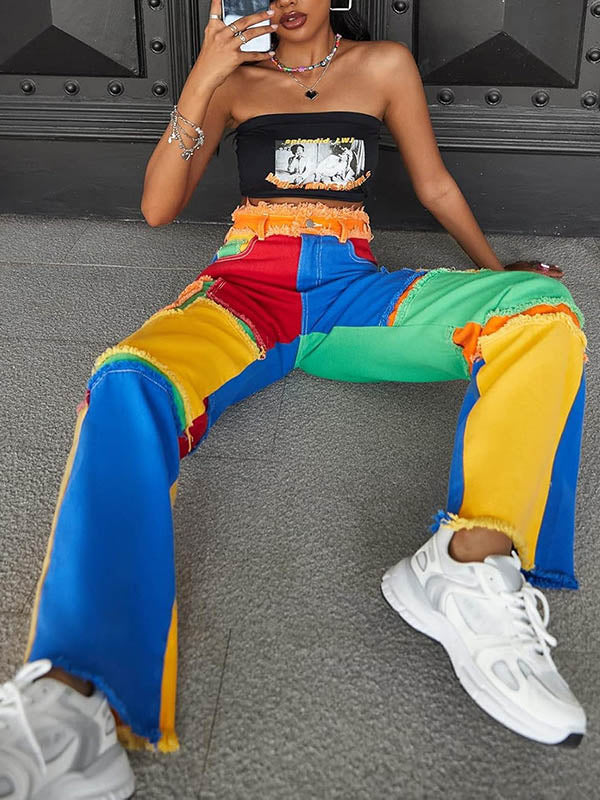 High Waisted Loose Buttoned Contrast Color Fringed Split-Joint Jean Pants Bottoms Trousers - Image 4
