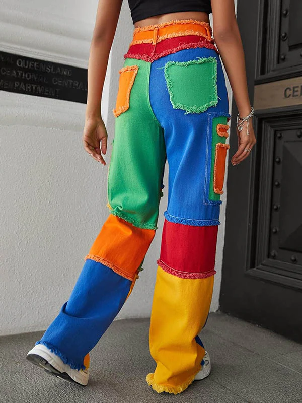 High Waisted Loose Buttoned Contrast Color Fringed Split-Joint Jean Pants Bottoms Trousers - Image 5