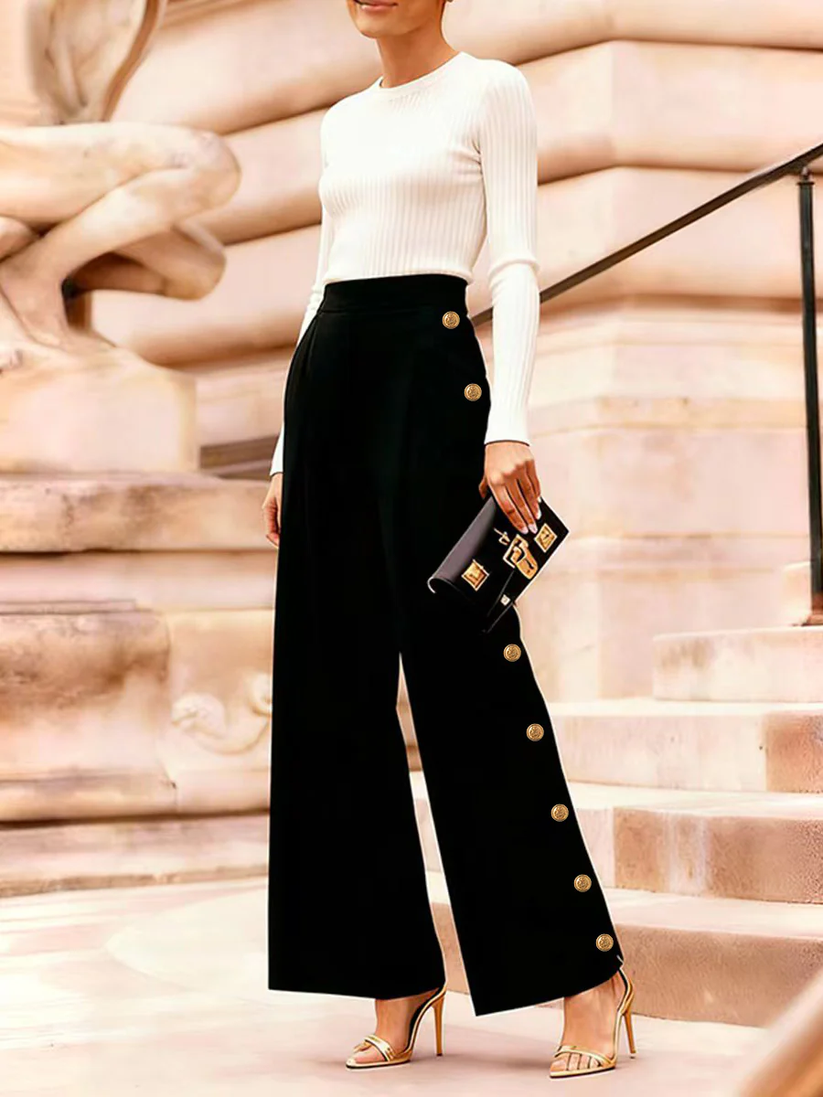 High Waisted Loose Buttoned Contrast Color Split-Joint Blazer Pants - Image 4