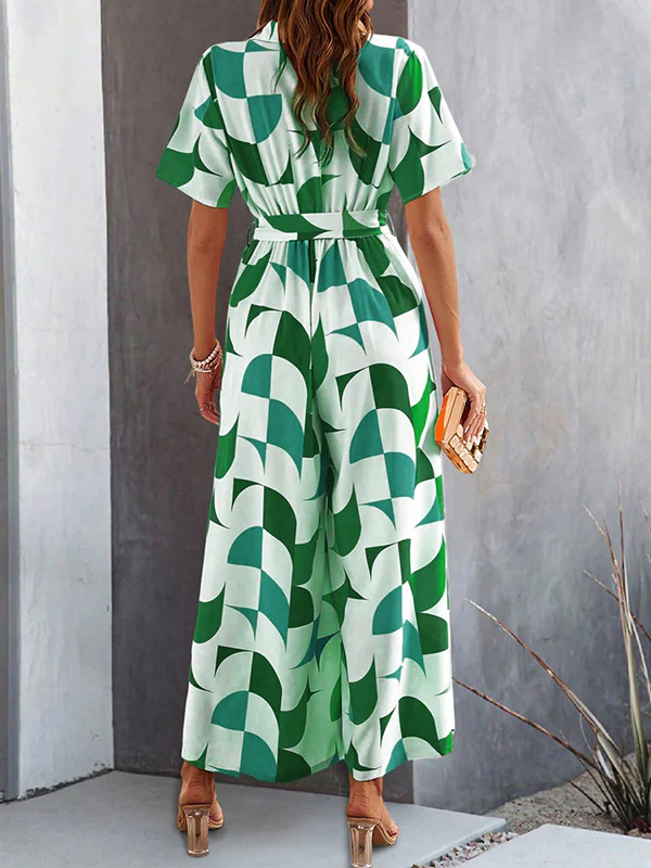 High Waisted Loose Buttoned Contrast Color Tied Waist V-Neck Jumpsuits - Image 10