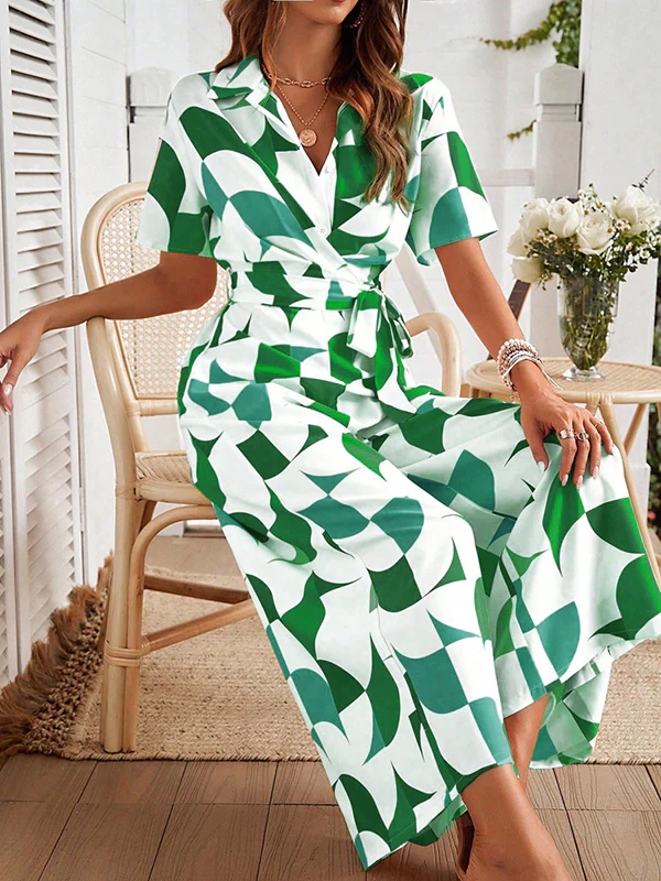 High Waisted Loose Buttoned Contrast Color Tied Waist V-Neck Jumpsuits - Image 11
