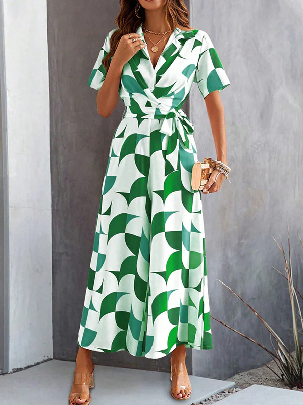 High Waisted Loose Buttoned Contrast Color Tied Waist V-Neck Jumpsuits - Image 2