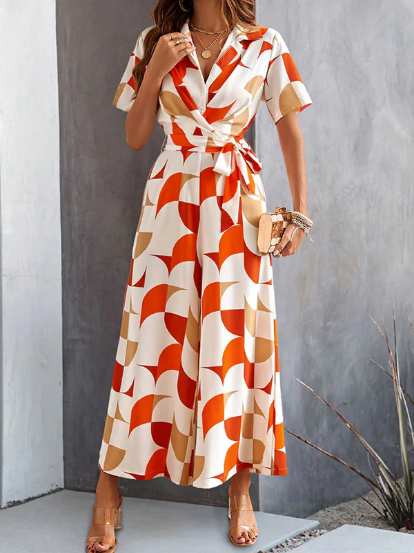 High Waisted Loose Buttoned Contrast Color Tied Waist V-Neck Jumpsuits - Image 3