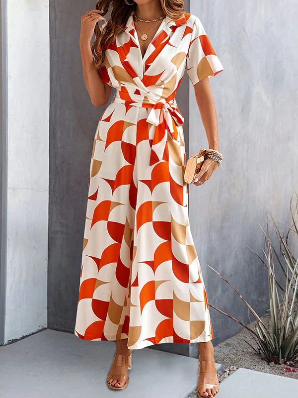 High Waisted Loose Buttoned Contrast Color Tied Waist V-Neck Jumpsuits - Image 4
