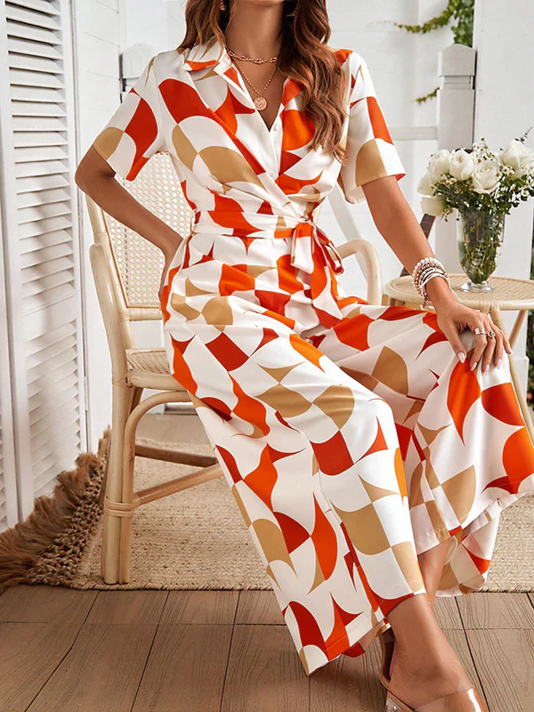 High Waisted Loose Buttoned Contrast Color Tied Waist V-Neck Jumpsuits - Image 5