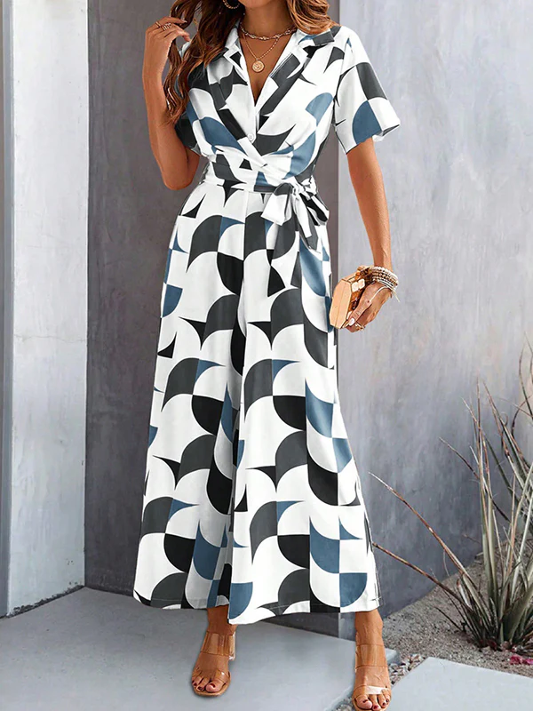 High Waisted Loose Buttoned Contrast Color Tied Waist V-Neck Jumpsuits - Image 6