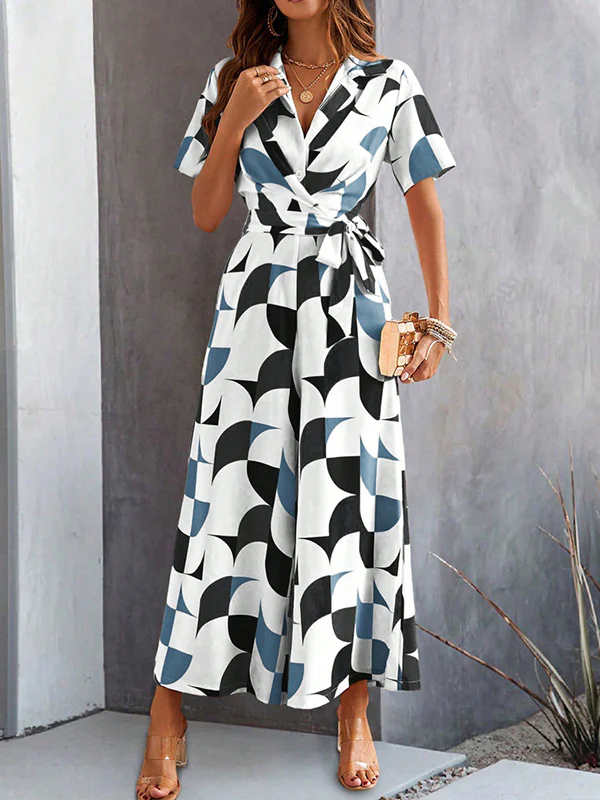 High Waisted Loose Buttoned Contrast Color Tied Waist V-Neck Jumpsuits - Image 7