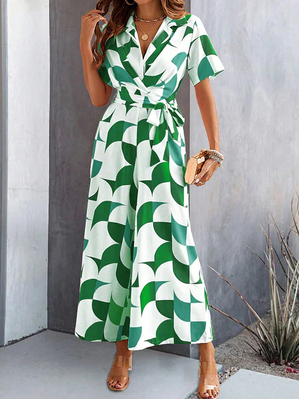 High Waisted Loose Buttoned Contrast Color Tied Waist V-Neck Jumpsuits - Image 9
