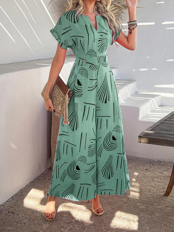 High Waisted Loose Buttoned Contrast Color V-Neck Jumpsuits - Image 13