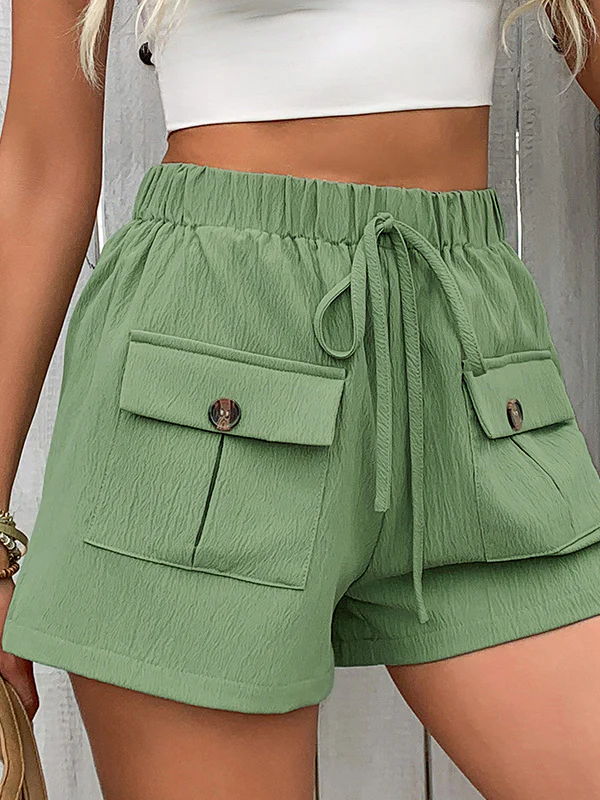 High Waisted Loose Buttoned Drawstring Elasticity Pockets Solid Color Shorts Bottoms - Image 4