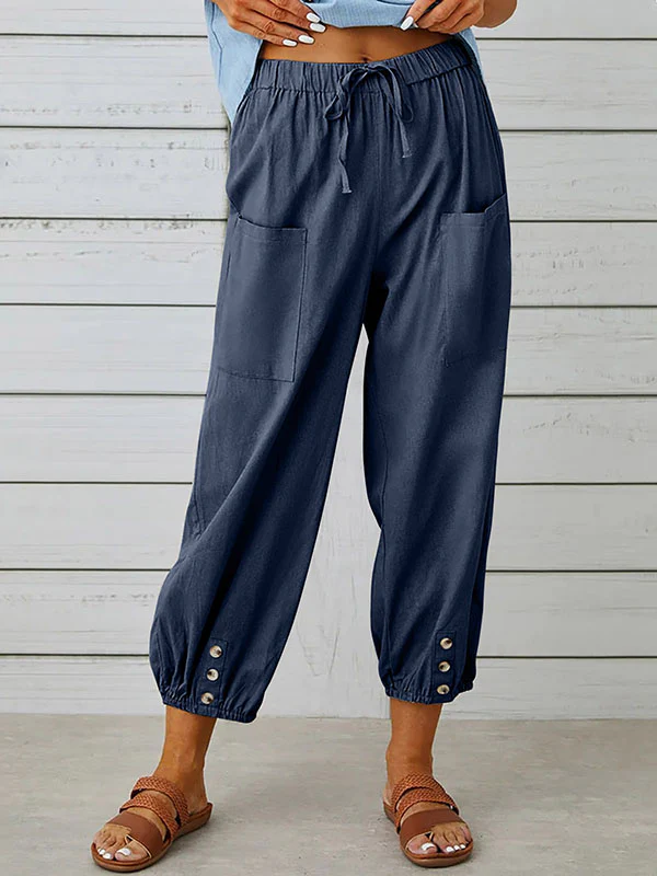 High Waisted Loose Buttoned Drawstring Elasticity Pockets Split-Joint Ninth Pants Trousers - Image 10