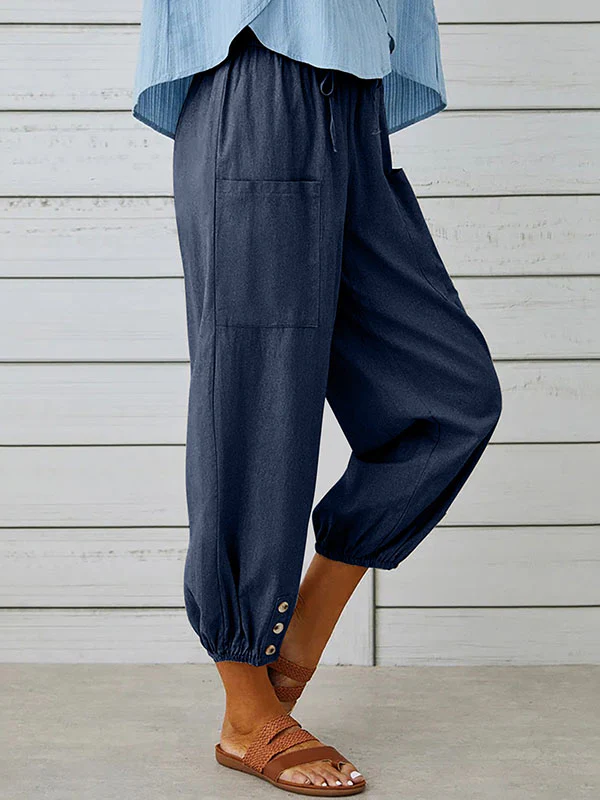 High Waisted Loose Buttoned Drawstring Elasticity Pockets Split-Joint Ninth Pants Trousers - Image 11