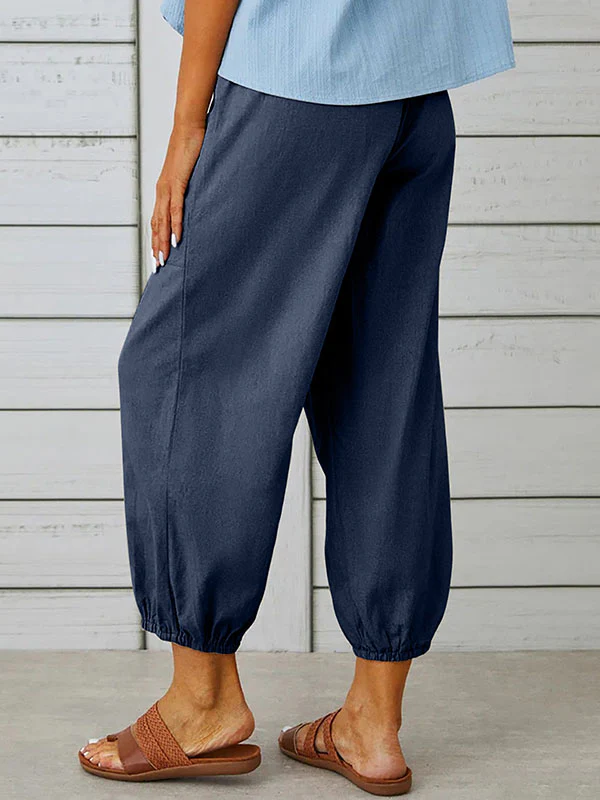 High Waisted Loose Buttoned Drawstring Elasticity Pockets Split-Joint Ninth Pants Trousers - Image 12
