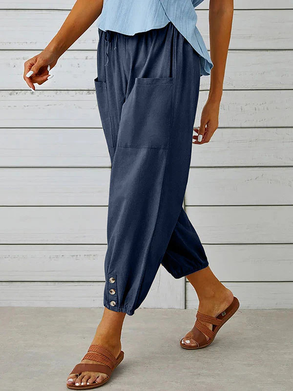 High Waisted Loose Buttoned Drawstring Elasticity Pockets Split-Joint Ninth Pants Trousers - Image 13