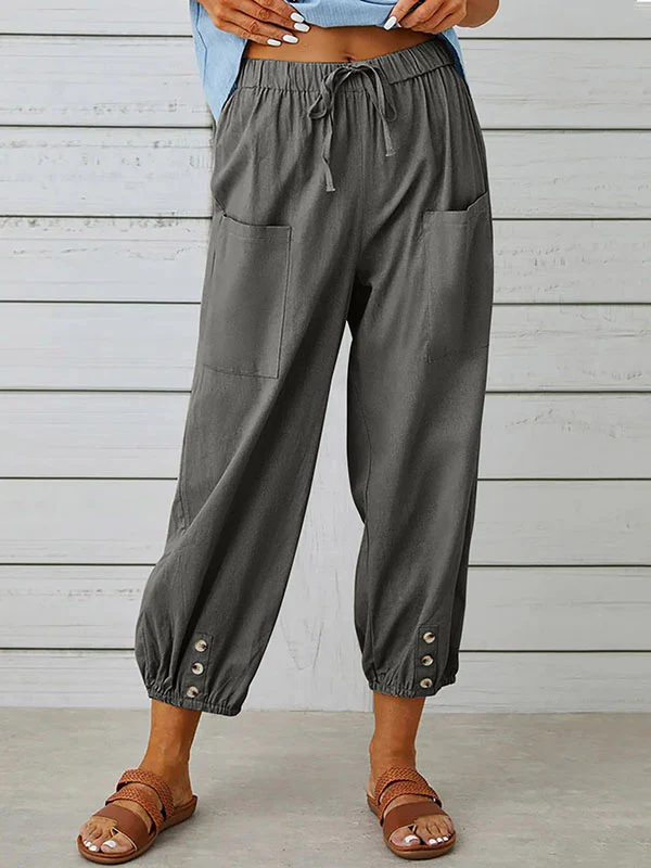 High Waisted Loose Buttoned Drawstring Elasticity Pockets Split-Joint Ninth Pants Trousers - Image 2