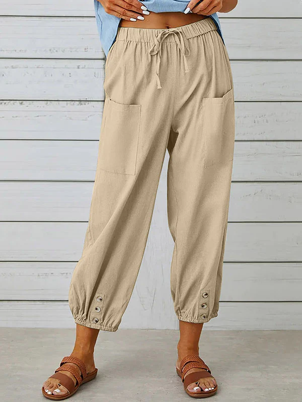 High Waisted Loose Buttoned Drawstring Elasticity Pockets Split-Joint Ninth Pants Trousers - Image 3