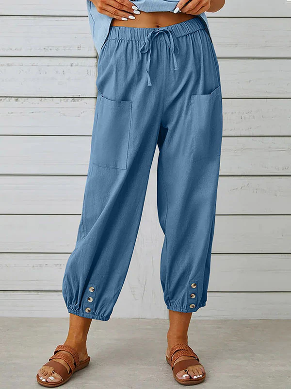 High Waisted Loose Buttoned Drawstring Elasticity Pockets Split-Joint Ninth Pants Trousers - Image 4