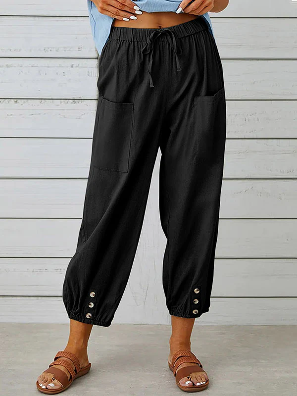 High Waisted Loose Buttoned Drawstring Elasticity Pockets Split-Joint Ninth Pants Trousers - Image 5