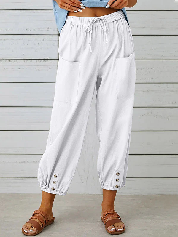 High Waisted Loose Buttoned Drawstring Elasticity Pockets Split-Joint Ninth Pants Trousers - Image 6