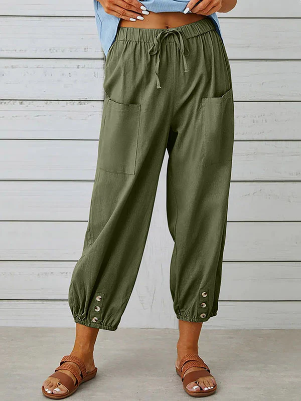 High Waisted Loose Buttoned Drawstring Elasticity Pockets Split-Joint Ninth Pants Trousers - Image 7