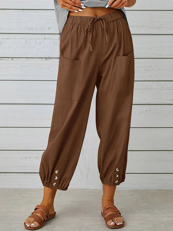High Waisted Loose Buttoned Drawstring Elasticity Pockets Split-Joint Ninth Pants Trousers - Image 8