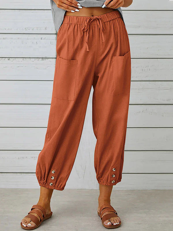 High Waisted Loose Buttoned Drawstring Elasticity Pockets Split-Joint Ninth Pants Trousers - Image 9