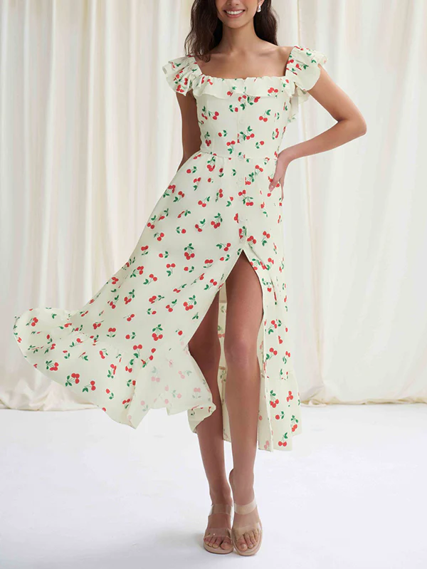 High Waisted Loose Buttoned Elasticity Flower Print Pleated Square-Neck Midi Dresses - Image 2