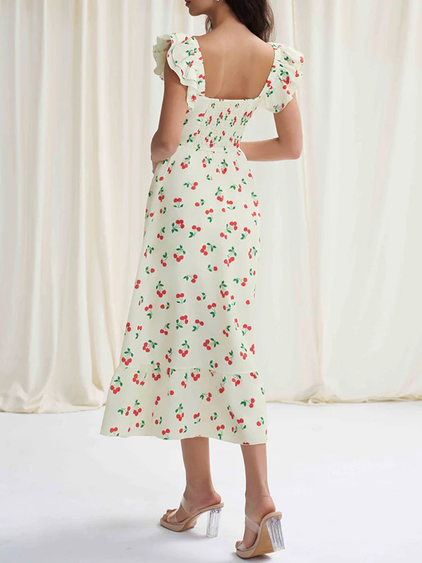 High Waisted Loose Buttoned Elasticity Flower Print Pleated Square-Neck Midi Dresses - Image 3