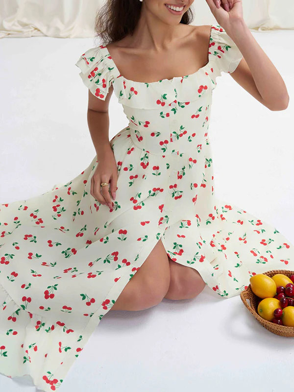 High Waisted Loose Buttoned Elasticity Flower Print Pleated Square-Neck Midi Dresses - Image 4