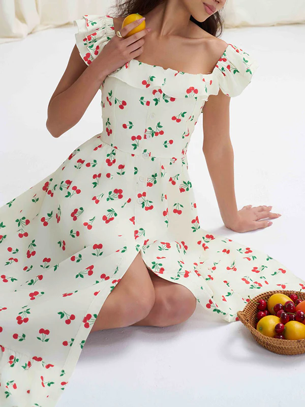 High Waisted Loose Buttoned Elasticity Flower Print Pleated Square-Neck Midi Dresses - Image 5