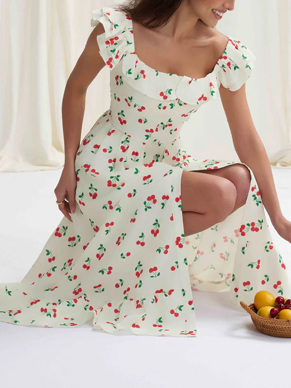 High Waisted Loose Buttoned Elasticity Flower Print Pleated Square-Neck Midi Dresses - Image 6