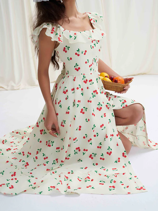 High Waisted Loose Buttoned Elasticity Flower Print Pleated Square-Neck Midi Dresses - Image 7