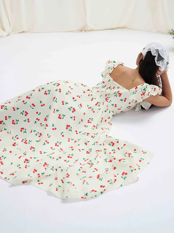 High Waisted Loose Buttoned Elasticity Flower Print Pleated Square-Neck Midi Dresses - Image 8