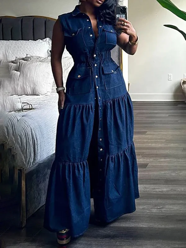High Waisted Loose Buttoned Elasticity Pleated Pockets Solid Color Lapel Maxi Dresses - Image 2