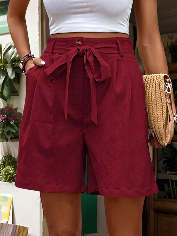 High Waisted Loose Buttoned Elasticity Pleated Pockets Tied Waist Shorts Bottoms - Image 17