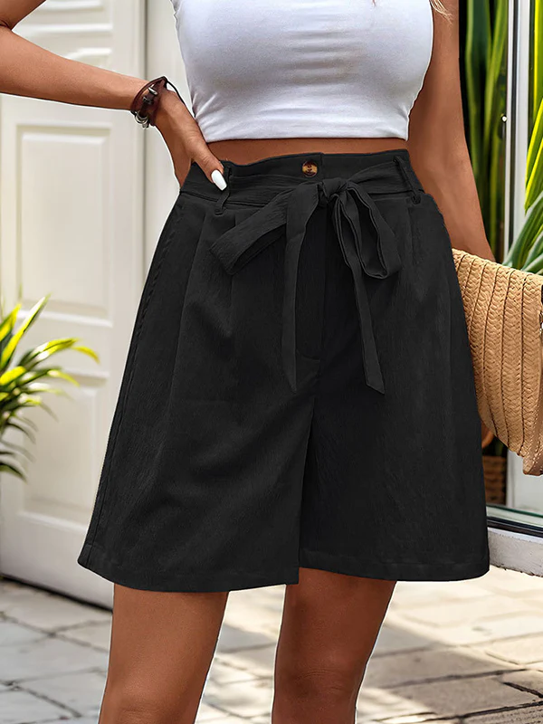 High Waisted Loose Buttoned Elasticity Pleated Pockets Tied Waist Shorts Bottoms - Image 19