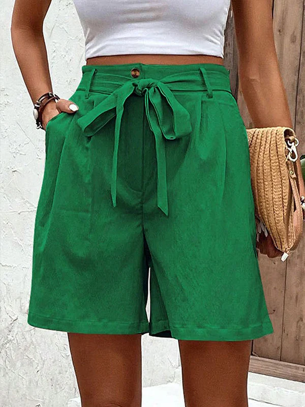 High Waisted Loose Buttoned Elasticity Pleated Pockets Tied Waist Shorts Bottoms - Image 22