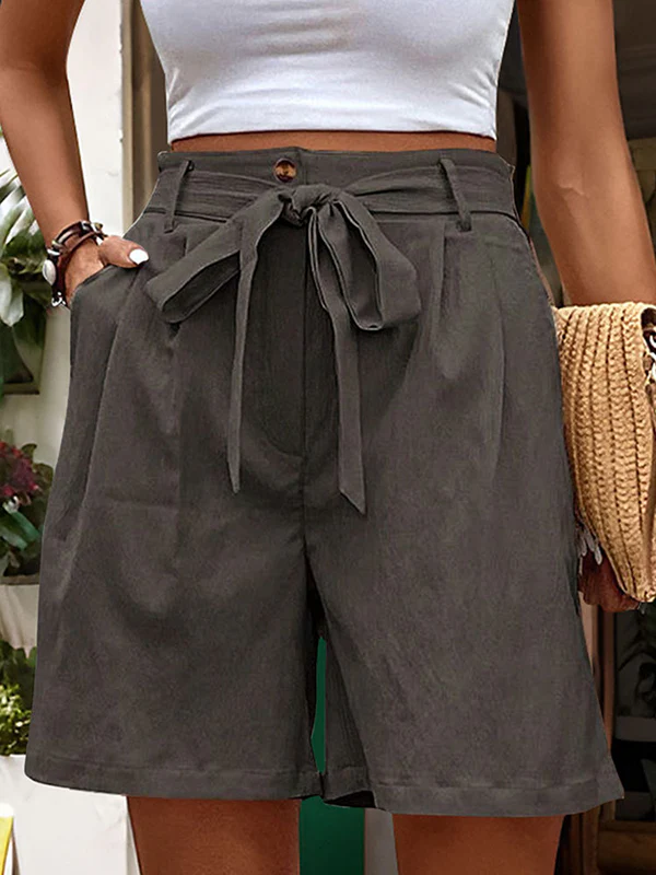High Waisted Loose Buttoned Elasticity Pleated Pockets Tied Waist Shorts Bottoms - Image 23